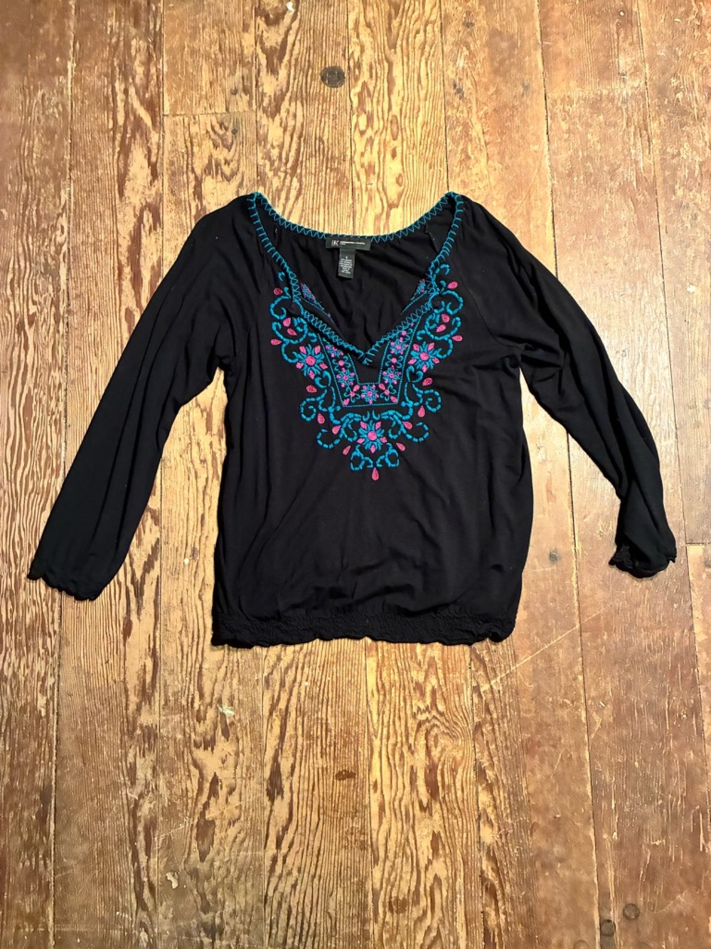 INC International Concepts Black Tunic with Teal & Pink Embroidery